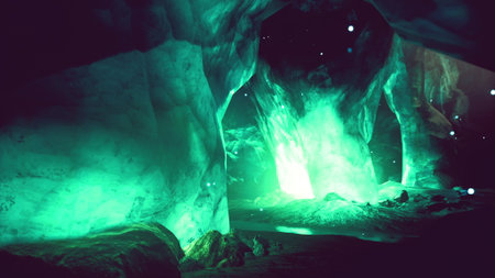 Deep within a mysterious cave, vibrant green light dances on the walls, creating an otherworldly atmosphere. Crystal formations glisten as natures beauty captivates the senses.の写真素材