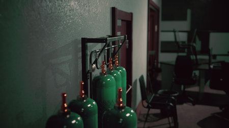 A row of green gas cylinders stands against a shadowy wall, reflecting dim light in a quiet room. Empty chairs are scattered nearby, hinting at an activity paused in time.の写真素材