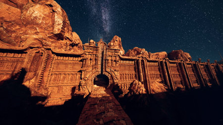 A magnificent ancient stone structure stands tall against the night sky filled with stars. The detailed carvings and grand entrance are illuminated by soft moonlight, creating a mystical atmosphere.の写真素材