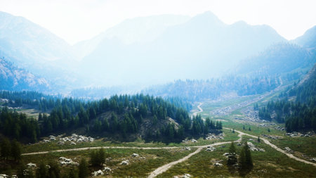 Rolling hills carpeted in green stretch beneath a hazy sky. Winding paths meander through the valleys, inviting exploration in the tranquil mountain setting.の写真素材