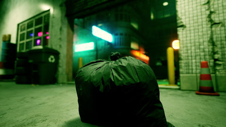 In a dimly lit alleyway, a black garbage bag sits prominently on the ground. Bright neon lights illuminate the background, creating an intriguing urban atmosphere filled with mystery.の写真素材