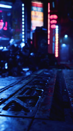 Raindrops glisten on the pavement as colorful neon lights cast a soft glow over the gritty street. The atmosphere is electric with energy, inviting exploration in the nighttime city.の写真素材