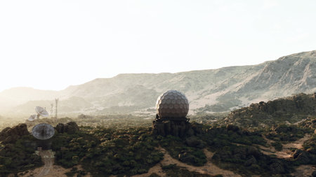 In a warm, glowing light, a unique dome structure rises among rocky hills, surrounded by verdant plants. A peaceful scene unfolds in this alien like landscape, inviting curiosity.の写真素材