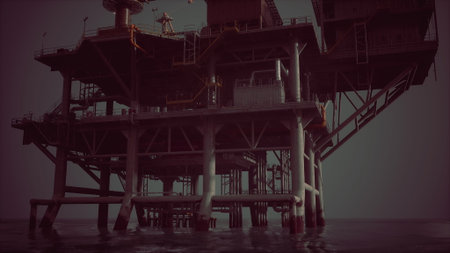 Sleek oil rig rises from the ocean, its structure reflected on the calm water. The setting sun casts a golden light, enhancing the beauty of this engineering achievement in an industrial landscape.の写真素材