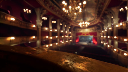 Deep within a grand theater, warm chandeliers illuminate the ornate architecture. Rows of velvet seats await an audience, ready for a captivating performance to unfold on stage.の写真素材