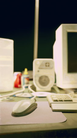 In a cozy workspace, a computer monitor sits beside a keyboard and mouse. Various creative tools and colorful supplies adorn the desk, all softly illuminated in a nighttime setting.の写真素材