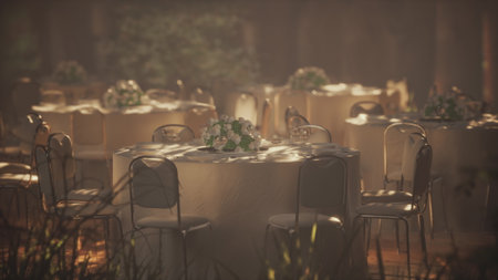 Tables adorned with white tablecloths and floral centerpieces create a charming setting. Soft sunlight filters through trees, enhancing the serene atmosphere perfect for a gathering.の写真素材