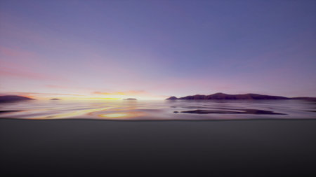 Gentle waves lap at the shore as the sun begins to rise, painting the sky in shades of orange and pink. Silhouettes of distant islands create a serene backdrop against the calm water.の写真素材
