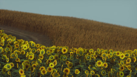 A colorful display of sunflowers stretches across the foreground, their bright petals contrasting...