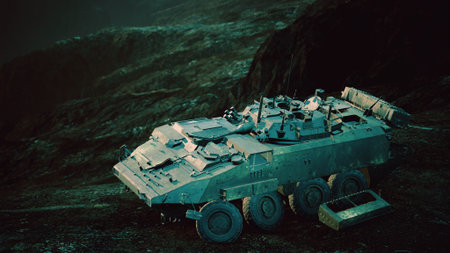 A heavy military vehicle stands alone amidst rocky terrain under a twilight sky. Subdued lighting...