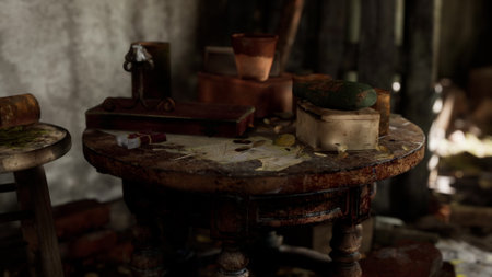 Dusty and worn, a wooden table holds remnants of creativity in an untouched corner. Natural light...