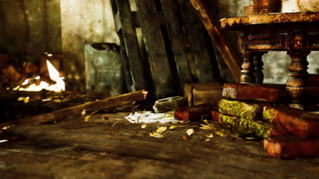 Dust covered bricks, scattered leaves, and a worn wooden table create an atmosphere of serene neglect in this forgotten space illuminated by soft, warm light.の写真素材