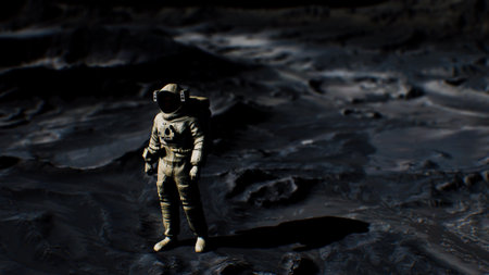 A lone astronaut stands on the rugged, dark landscape of the moon, illuminated by distant stars. The scene captures the essence of human exploration in uncharted territories.の写真素材