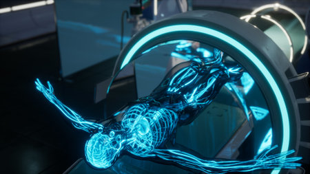 Futuristic medical technology reveals the complex network of blood vessels illuminated in blue. A...