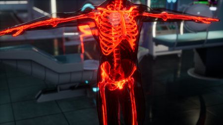 A luminous skeleton model is displayed in a high tech lab, showcasing its detailed structure. The vibrant red glow illuminates the surroundings, creating an intriguing scientific atmosphere.の写真素材