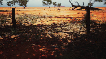 Dusty red earth stretches across the horizon, interspersed with sparse green vegetation. A lone tree casts intricate shadows while a wire fence frames this tranquil outback scene.の写真素材