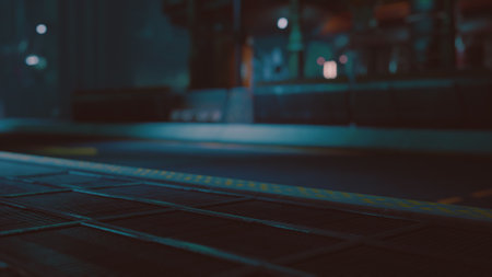 Amidst the stillness of night, city streets glow under the soft light of streetlamps. Shadows stretch along the pavement, hinting at the life that once thrived here.の写真素材