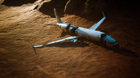 A large, weathered aircraft lies abandoned on a golden sandy terrain illuminated by the warm glow of...