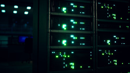 In a high tech environment, glowing green lights pulse rhythmically on data storage arrays. The...