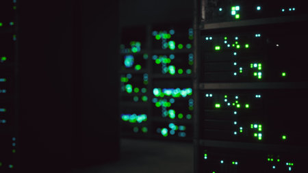 Rows of servers glimmer with bright green lights, showcasing a digital landscape. The cool toned environment creates a futuristic atmosphere filled with technological energy and innovation.の写真素材