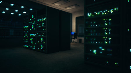 In a dimly lit server room, glowing green lights flicker across rows of servers. The atmosphere...