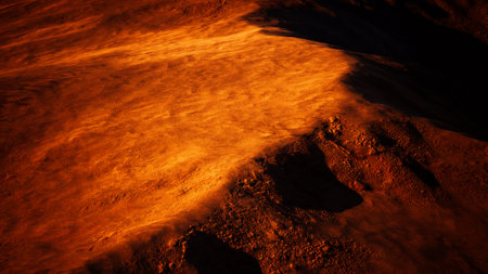 This captivating landscape reveals an otherworldly surface bathed in golden and orange hues. Rugged...