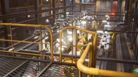 Brightly lit factory interior features a bustling production line filled with advanced machinery and...