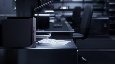 Soft light casts shadows in a modern office where a desk holds scattered papers and sleek electronics, capturing the essence of concentrated effort during late hours.の写真素材