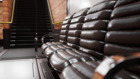 A row of sleek leather benches offers comfort to travelers waiting in a contemporary underground...