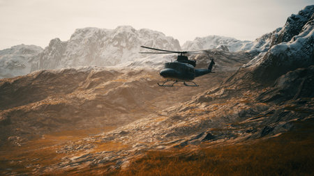A helicopter appears to hover gracefully above a dramatic rugged terrain as the sun sets behind the...
