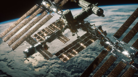 Floating in the vastness of space, the enormous structure glistens with sunlight. Solar panels...