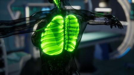 Brightly glowing lungs showcase detailed anatomy within a cutting edge laboratory. Surrounding technology accentuates the study of respiratory health and human biology in this innovative space.の写真素材