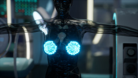 Display features a transparent figure with glowing mammary glands, set in a modern lab that highlights advances in biomedical research and technology.の写真素材