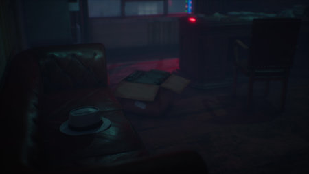 A shadowy corner reveals a worn sofa and an abandoned box. Soft neon lights cast an eerie glow,...