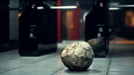 A worn soccer ball lies on the polished floor of a modern hallway, surrounded by sleek black...