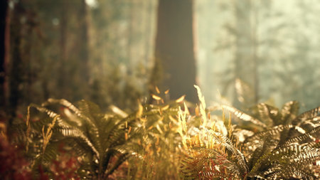 Morning light gently illuminates a serene forest clearing, where vibrant ferns flourish amidst a...