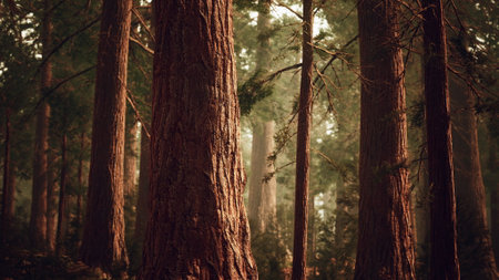 Sunlight filters through the canopy, illuminating the rugged bark of ancient trees. The serene...