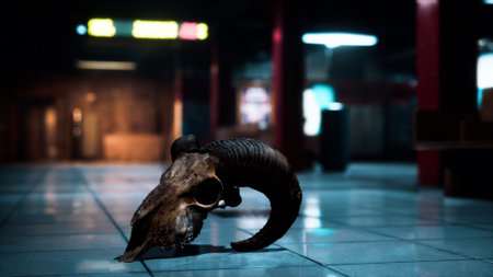 A ram skull sits on the glossy tiled floor, illuminated by faint overhead lights in a shadowy underground location. The space has an eerie yet intriguing atmosphere.の写真素材
