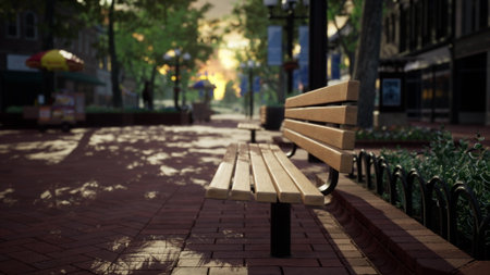 Sunlight filters through tree branches, casting gentle shadows on a vacant park bench. The atmosphere is peaceful, inviting visitors to pause and enjoy natures beauty at dusk.の写真素材
