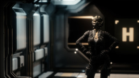 A striking figure clad in a form fitting suit stands confidently inside a modern, high tech space....