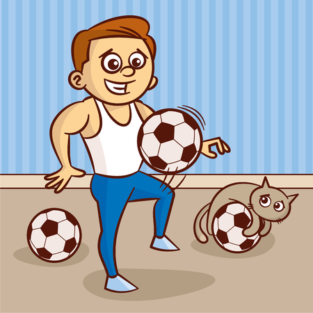 Young man in white undershirt plays with soccer ball Vector Illustrationのイラスト素材