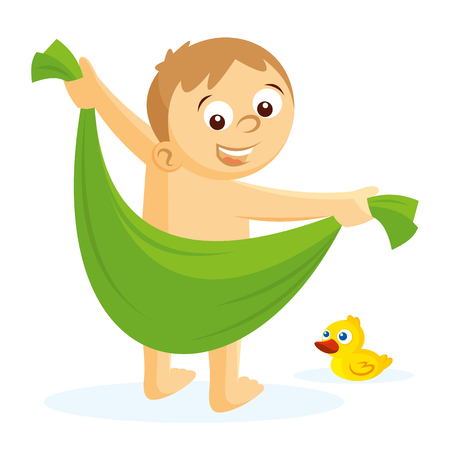 The boy is wiped off with a towel vector illustration on white backgroundのイラスト素材