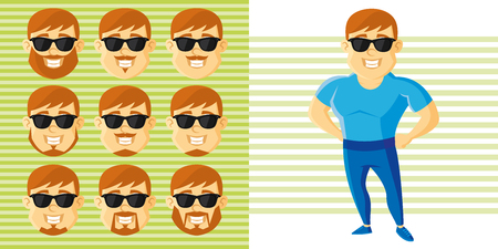 Summer Style Man Face Set Cartoon character Vector illustration isolated on white backgroundのイラスト素材