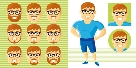 Summer Style Man Face Set Cartoon character Vector illustration isolated on white backgroundのイラスト素材