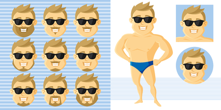 Athletic man Face Set Cartoon character Vector illustration isolated on white backgroundのイラスト素材
