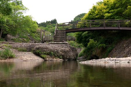 A bridge looking up from the surface of the waterの写真素材
