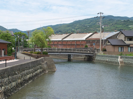 River and stone bridge flowing through the old townの写真素材