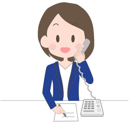 Illustration of a business woman answering the phone with a smile.のイラスト素材