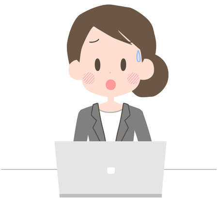 An illustration of a business woman operating a laptop with a troubled expression.のイラスト素材