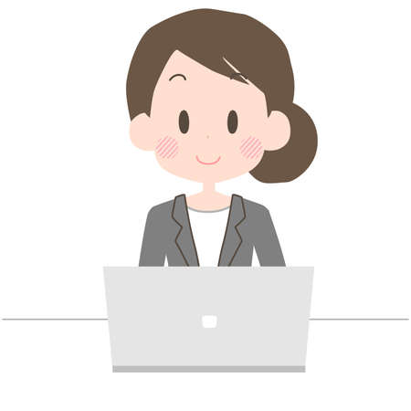 Illustration of a business woman operating a laptop with a smile.のイラスト素材